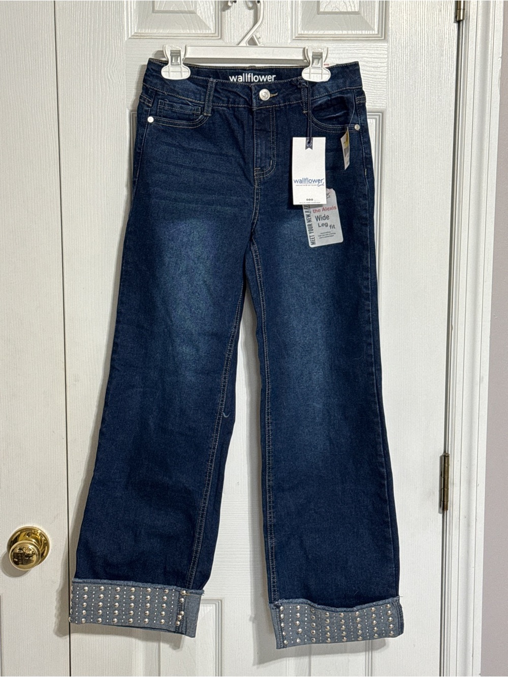 Wallflower Dark Blue Wide Leg Jeans with Studded Cuffs